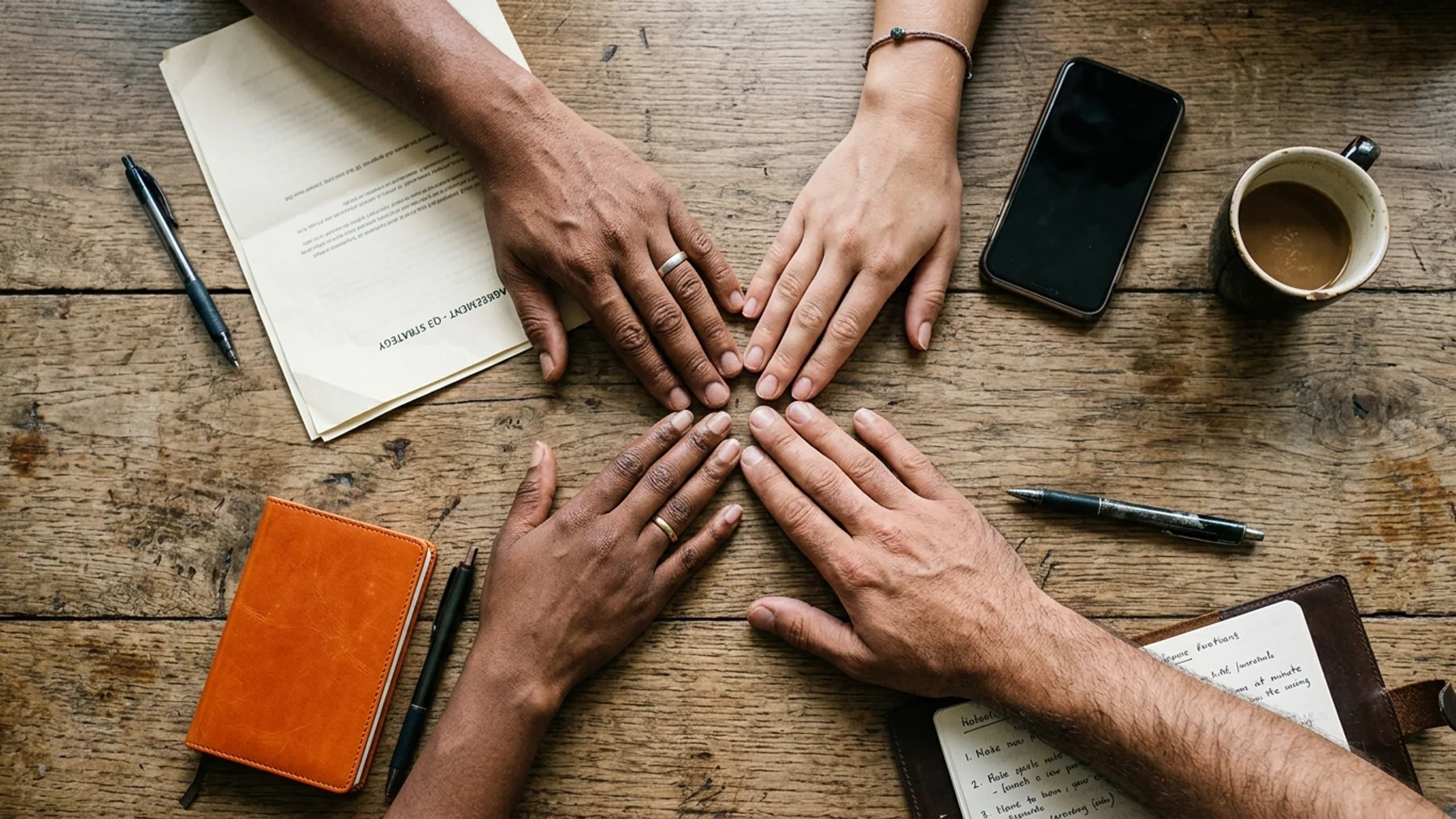 Four people resting their hands on a shared table, fingertips meeting at a single point.