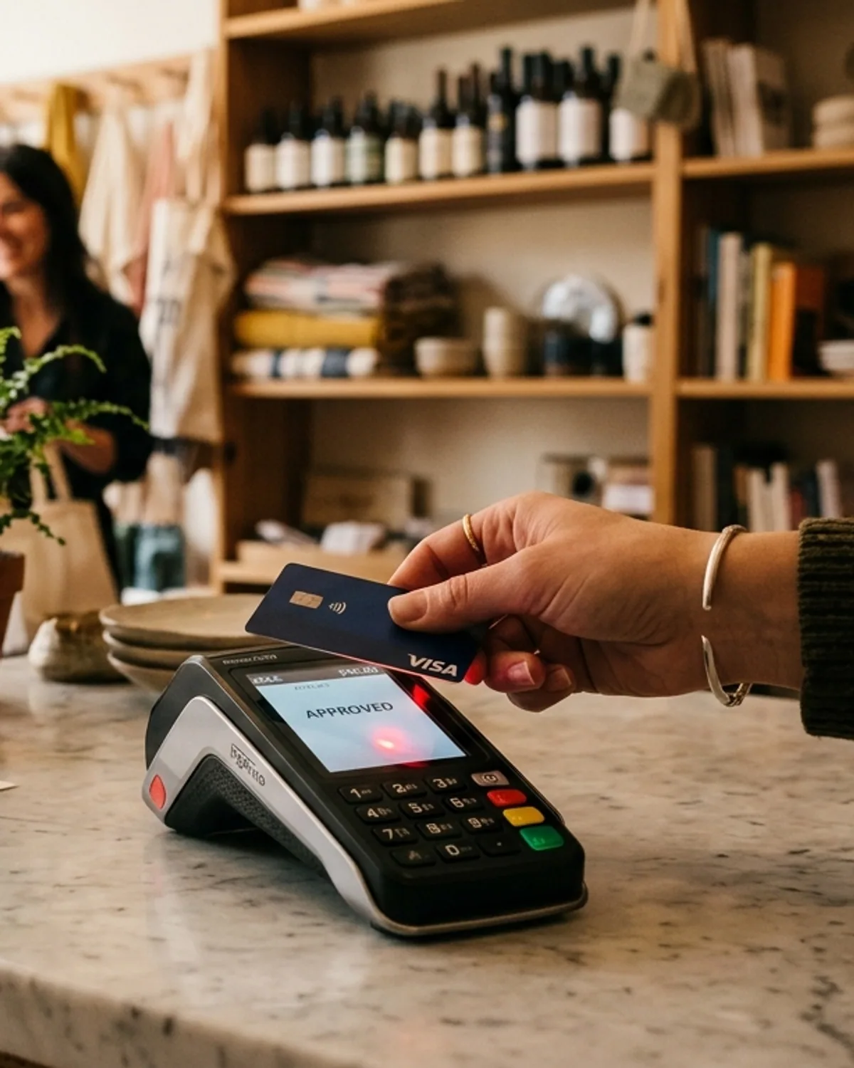 A card tapped against a point of sale terminal at a counter.