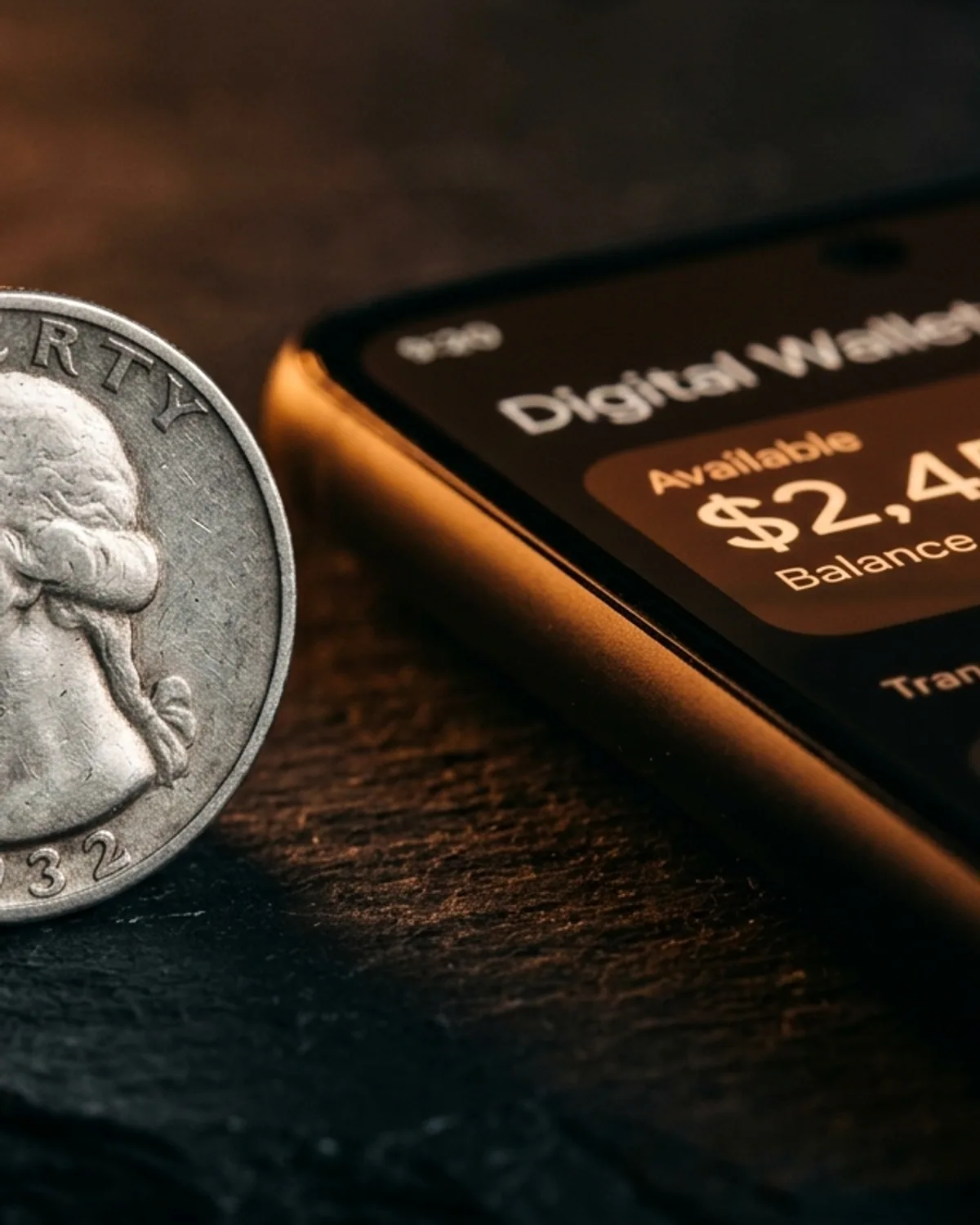 A coin resting beside a smartphone on a dark surface.