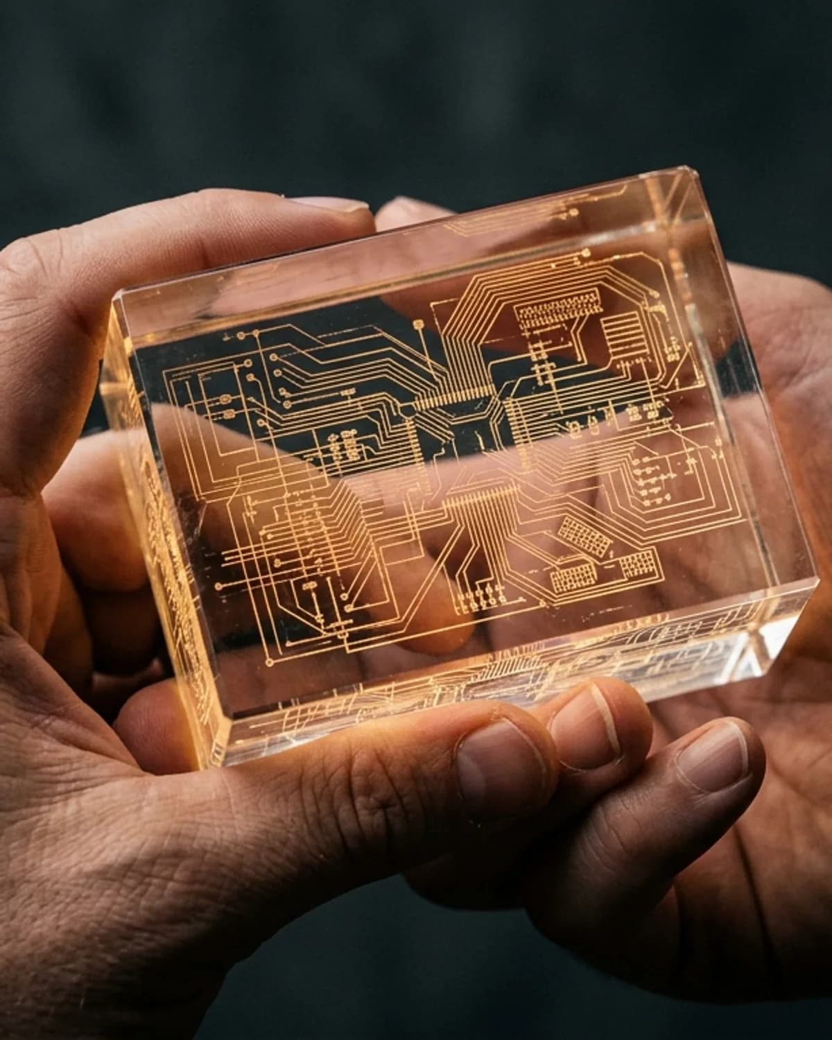 Hands holding a glass block with a circuit pattern etched inside it.